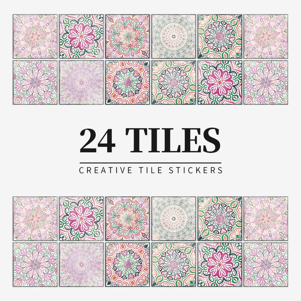 24 Piece Mandala Peel and Stick Vinyl Tile Set European Decorative Wall Backsplash