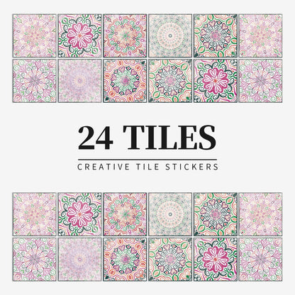 24 Piece Mandala Peel and Stick Vinyl Tile Set European Decorative Wall Backsplash