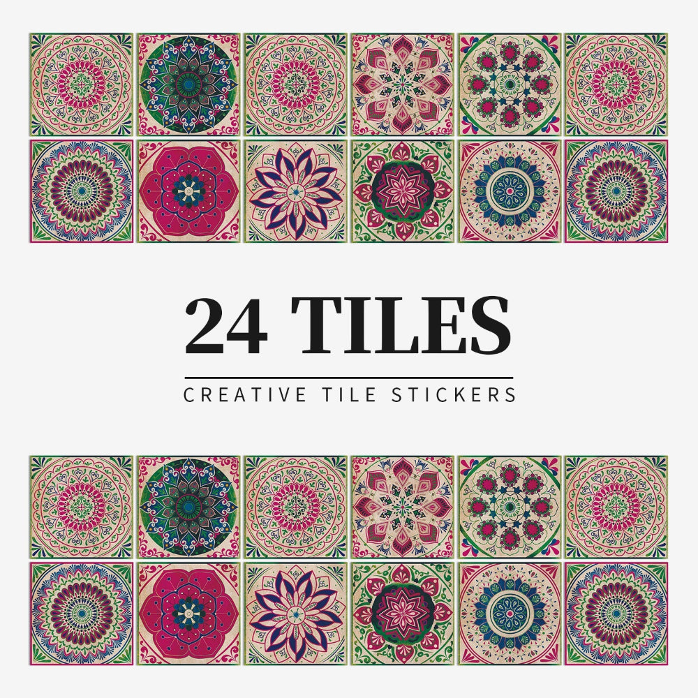 24 Piece Mandala Peel and Stick Vinyl Tile Set European Decorative Wall Backsplash
