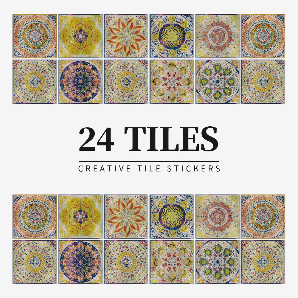 24 Piece Mandala Peel and Stick Vinyl Tile Set European Decorative Wall Backsplash