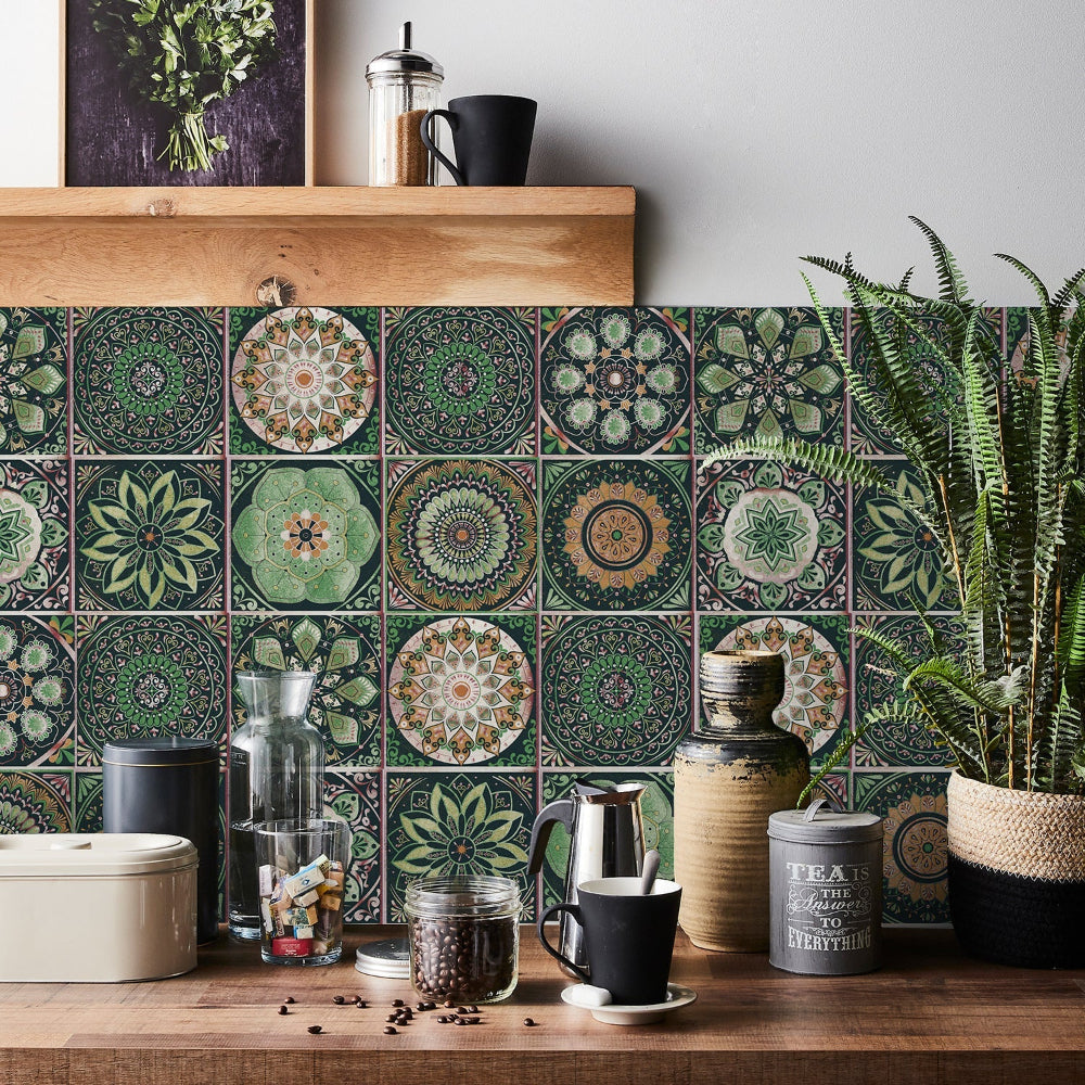 24 Piece Mandala Peel and Stick Vinyl Tile Set European Decorative Wall Backsplash