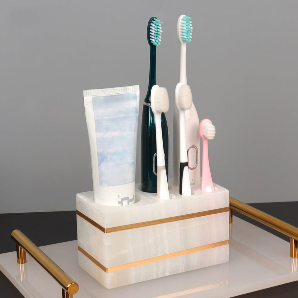 Marble-Look Resin Bathroom Set with Gold Accents, Soap Dispenser, Dish and Tumbler