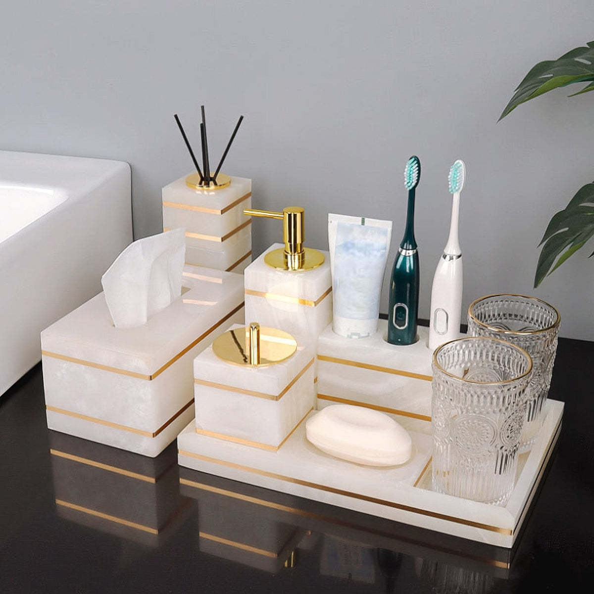 Marble-Look Resin Bathroom Set with Gold Accents, Soap Dispenser, Dish and Tumbler