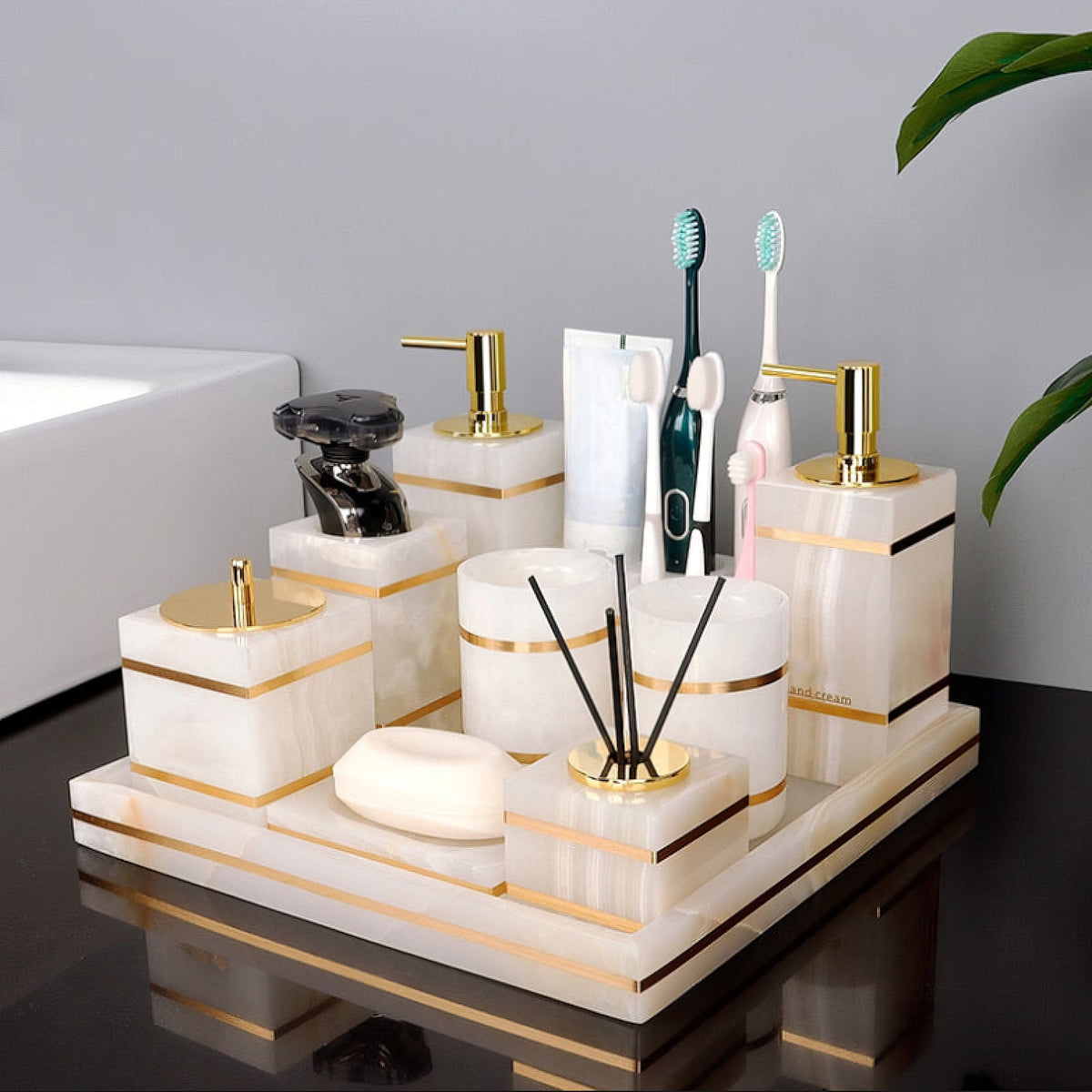 Marble-Look Resin Bathroom Set with Gold Accents, Soap Dispenser, Dish and Tumbler