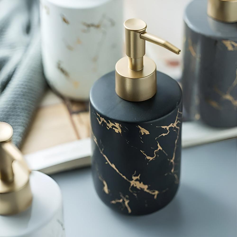 Marble Look Soap Dispenser – Ceramic Bathroom and Kitchen Dispenser with Gold-Tone Pump