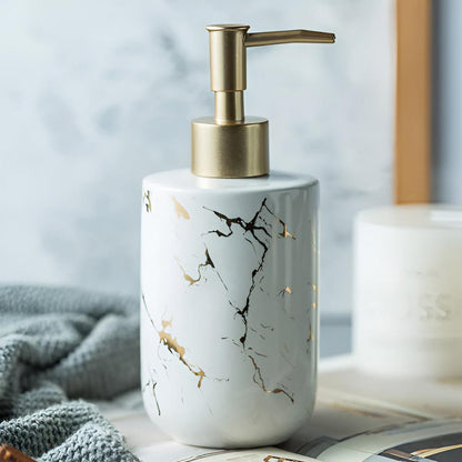 Marble Look Soap Dispenser – Ceramic Bathroom and Kitchen Dispenser with Gold-Tone Pump