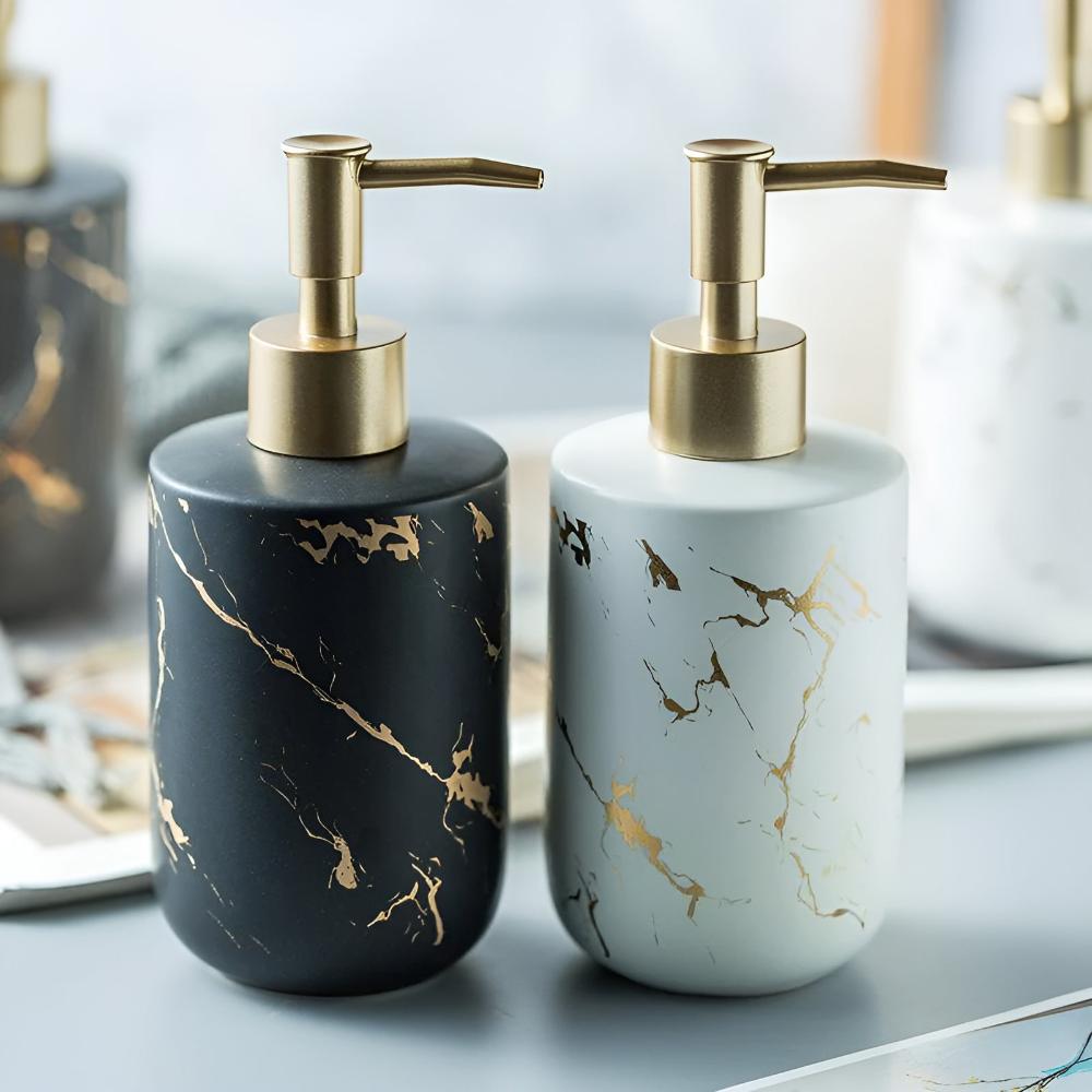 Marble Look Soap Dispenser – Ceramic Bathroom and Kitchen Dispenser with Gold-Tone Pump