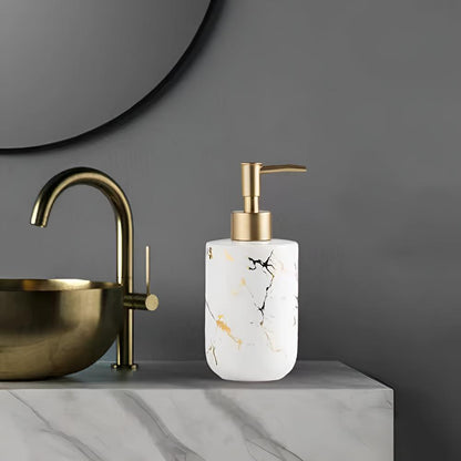 Marble Look Soap Dispenser – Ceramic Bathroom and Kitchen Dispenser with Gold-Tone Pump