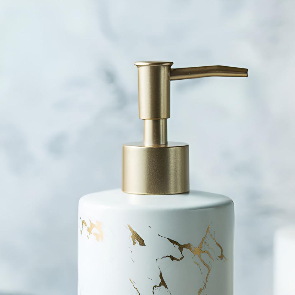 Marble Look Soap Dispenser – Ceramic Bathroom and Kitchen Dispenser with Gold-Tone Pump