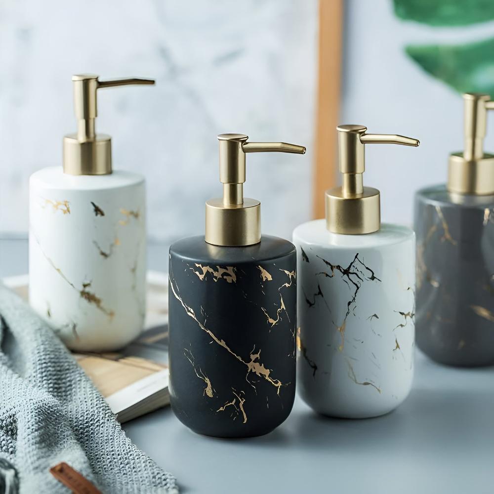 Marble Look Soap Dispenser – Ceramic Bathroom and Kitchen Dispenser with Gold-Tone Pump