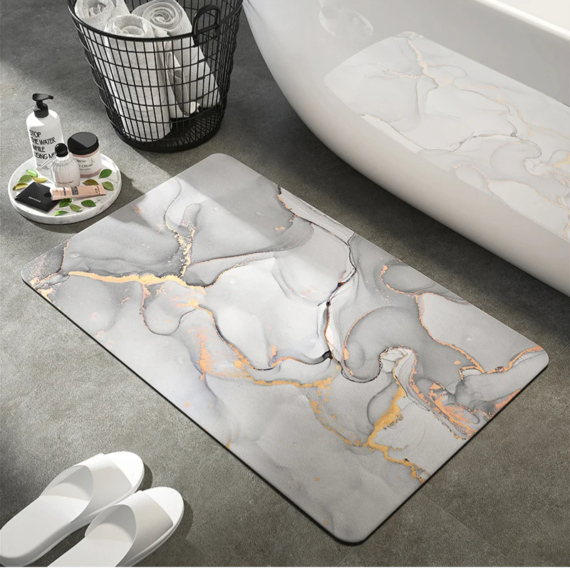 Marble Pattern Bath Mat with Soft Tech Velvet and Non-Slip Rubber Backing