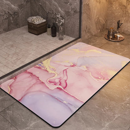 Marble Pattern Bath Mat with Soft Tech Velvet and Non-Slip Rubber Backing