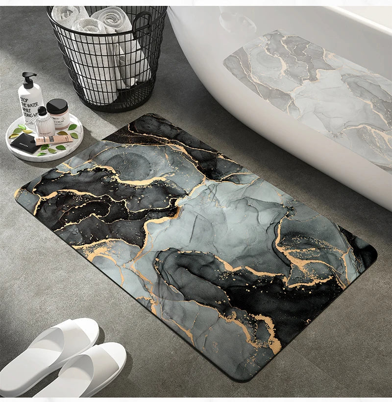 Marble Pattern Bath Mat with Soft Tech Velvet and Non-Slip Rubber Backing