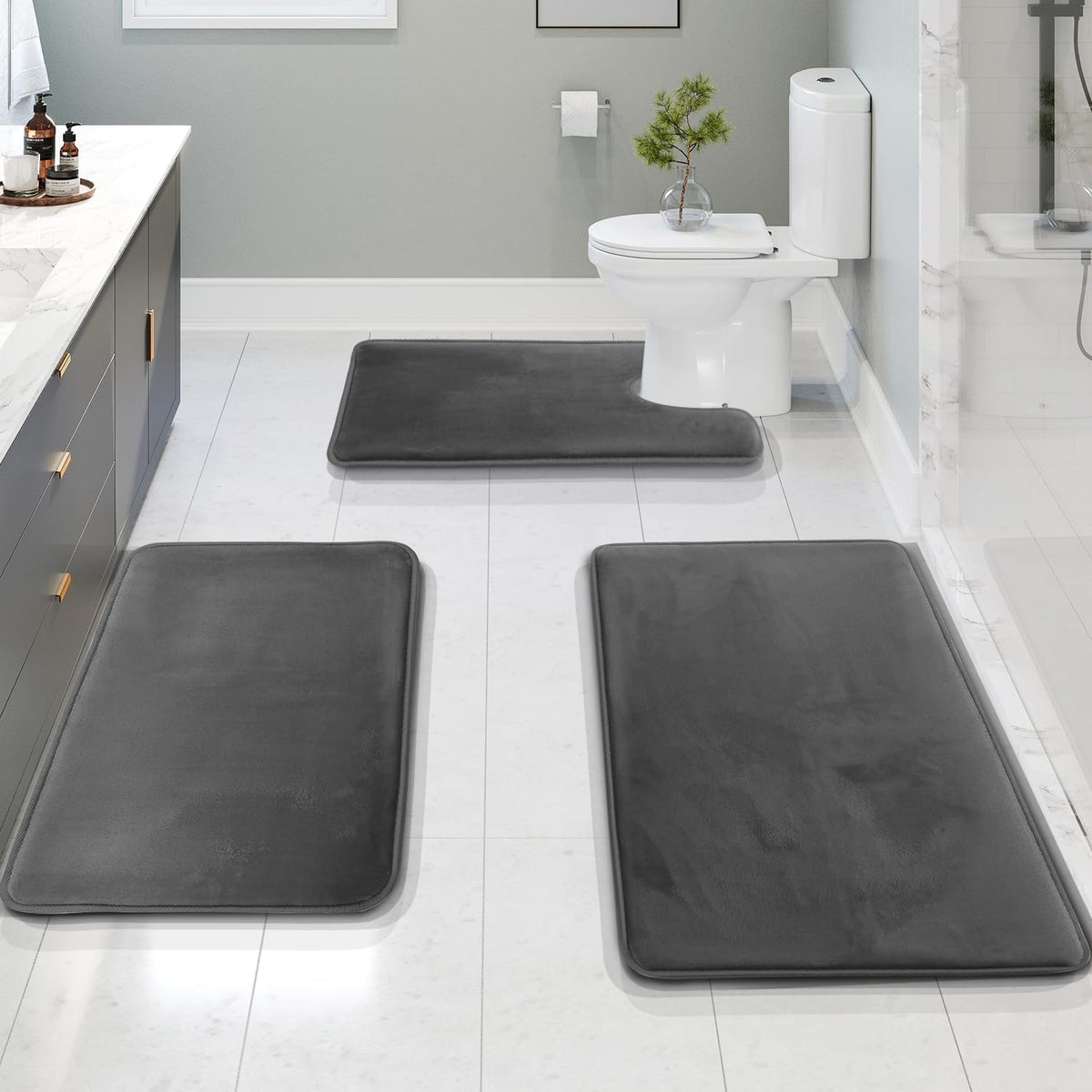 Memory Foam Bath Mat Set with Soft Velvet Surface and Non-Slip Backing, 3-Piece Set