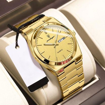 Men's Stainless Steel Quartz Watch with Luminous Hands and Round Dial