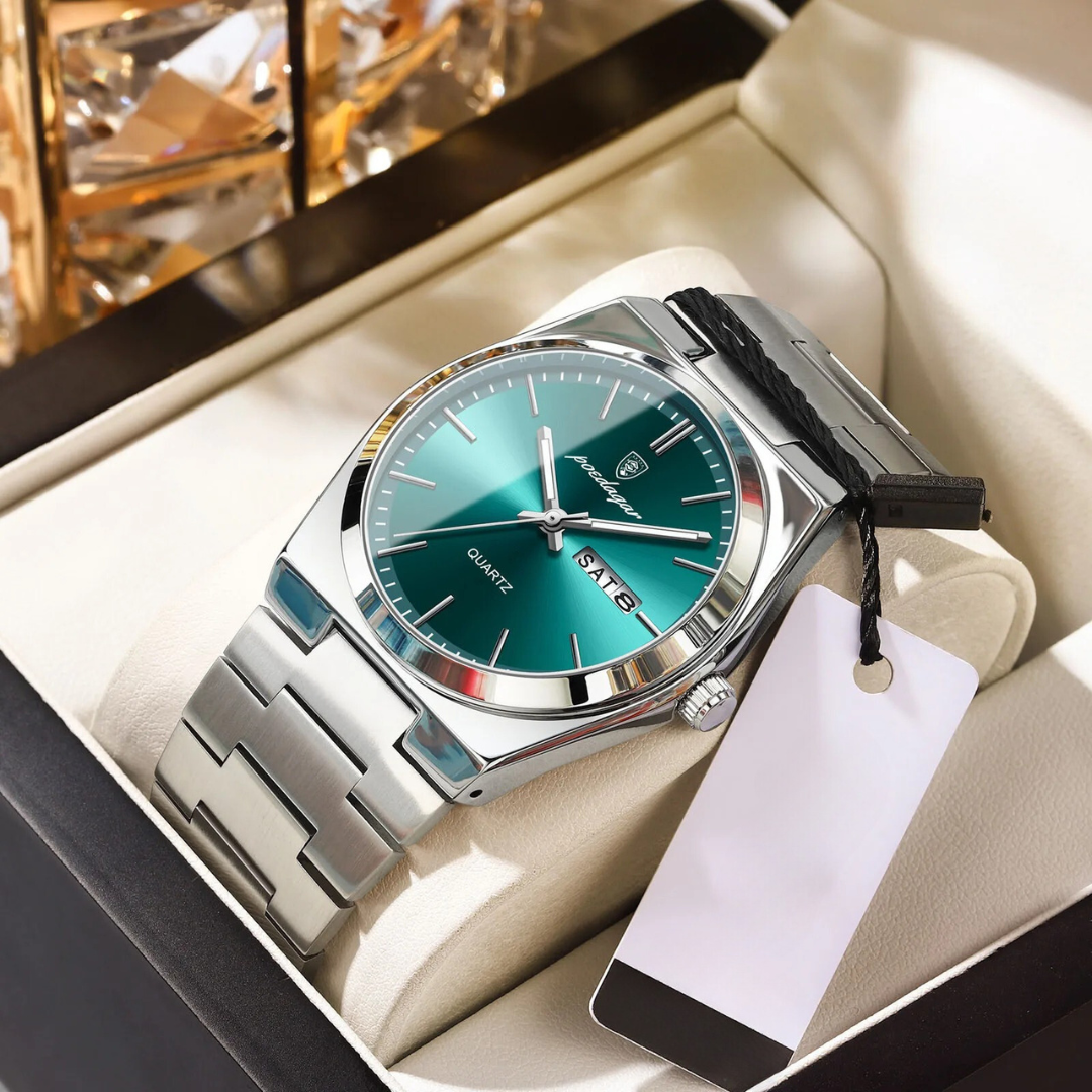 Men's Stainless Steel Quartz Watch with Luminous Hands and Round Dial
