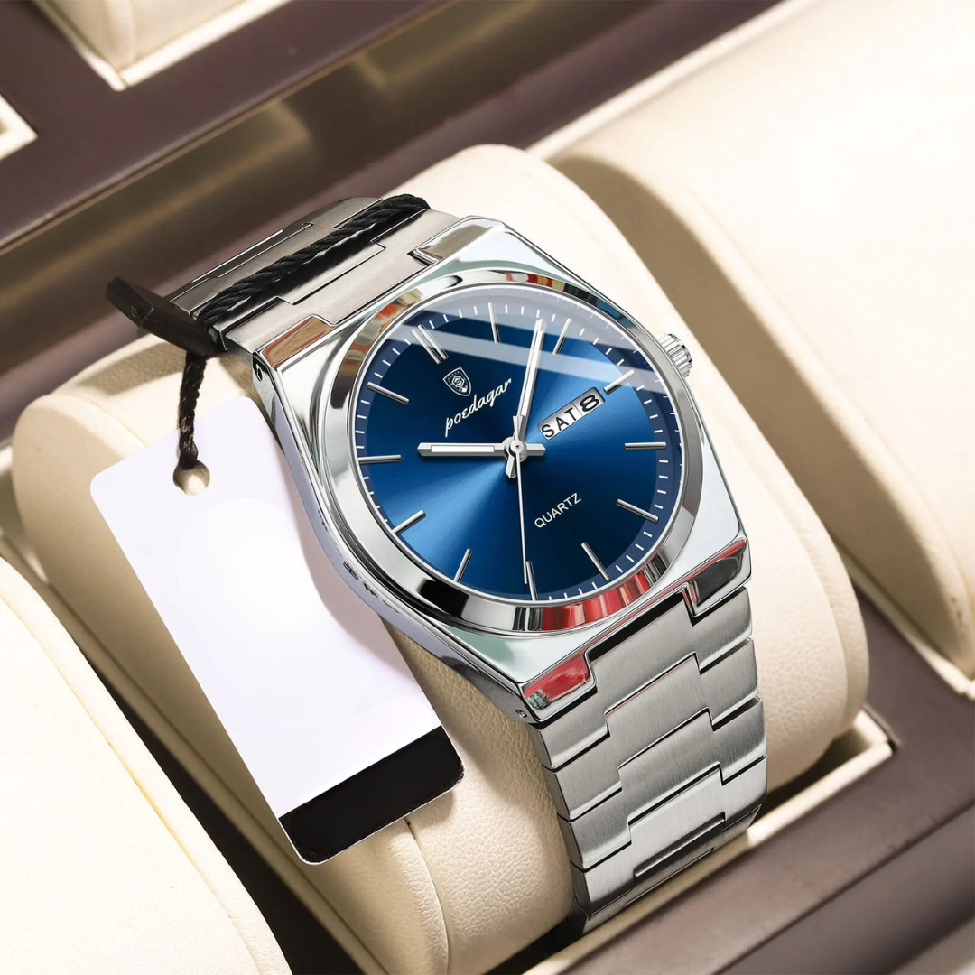 Men's Stainless Steel Quartz Watch with Luminous Hands and Round Dial