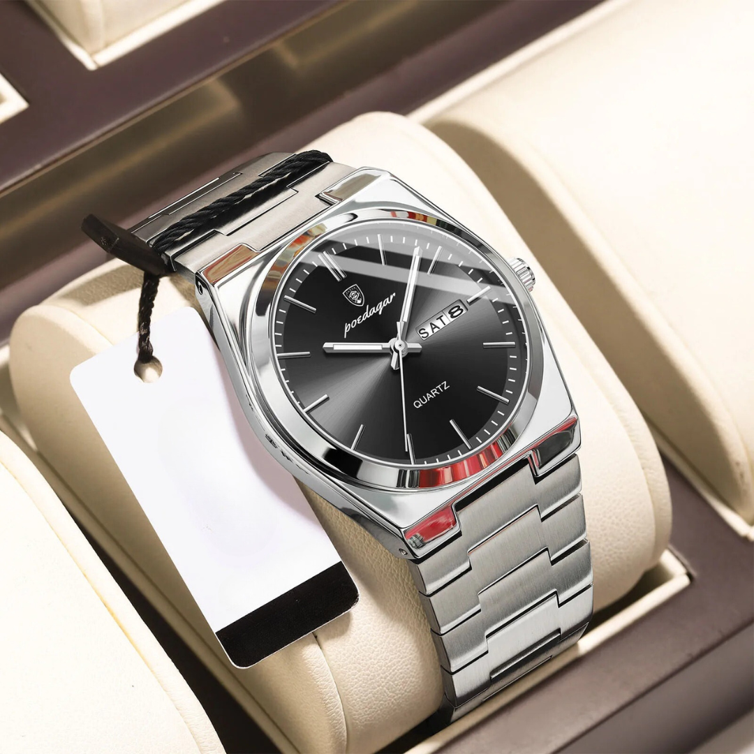 Men's Stainless Steel Quartz Watch with Luminous Hands and Round Dial