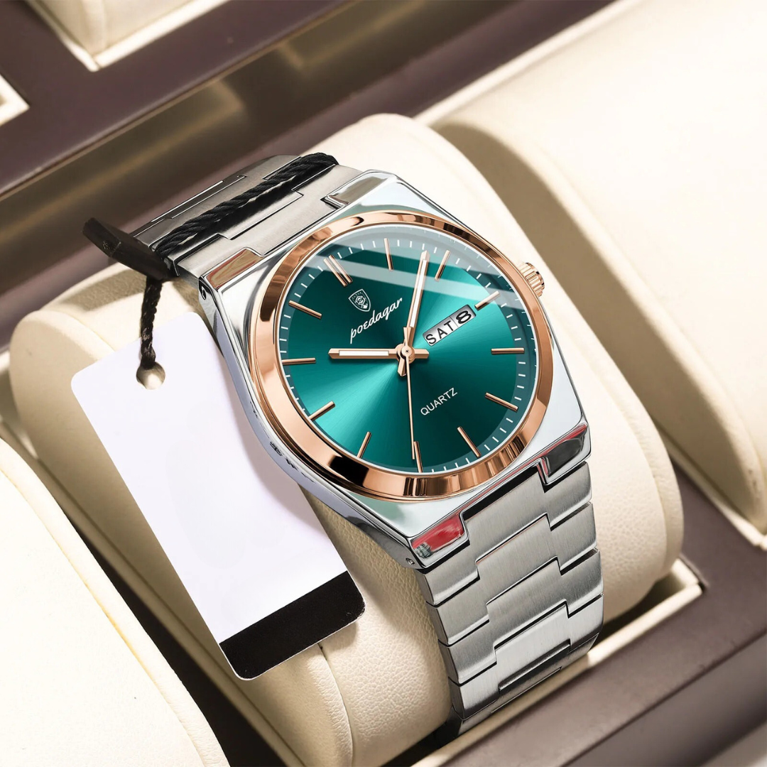 Men's Stainless Steel Quartz Watch with Luminous Hands and Round Dial