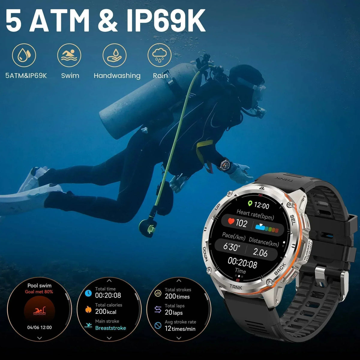 Men's T3 Ultra GPS AMOLED Smartwatch with 170 Sports Modes and 5ATM Water Resistance