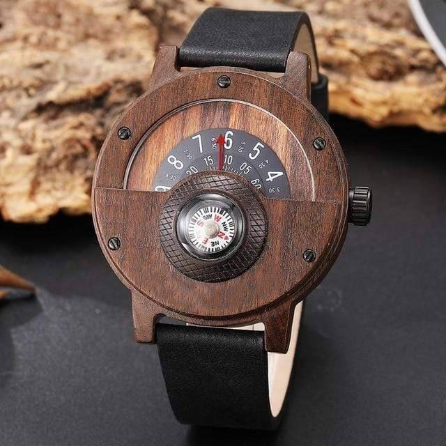 Men's Wooden Watch with Turntable Compass Dial and Quartz Movement