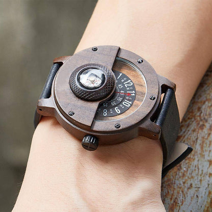 Men's Wooden Watch with Turntable Compass Dial and Quartz Movement