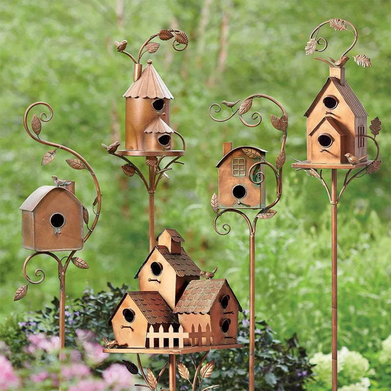 Metal Decorative Birdhouse Garden Stakes with Rustic Outdoor Design
