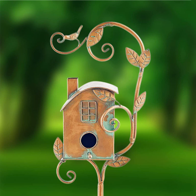 Metal Decorative Birdhouse Garden Stakes with Rustic Outdoor Design