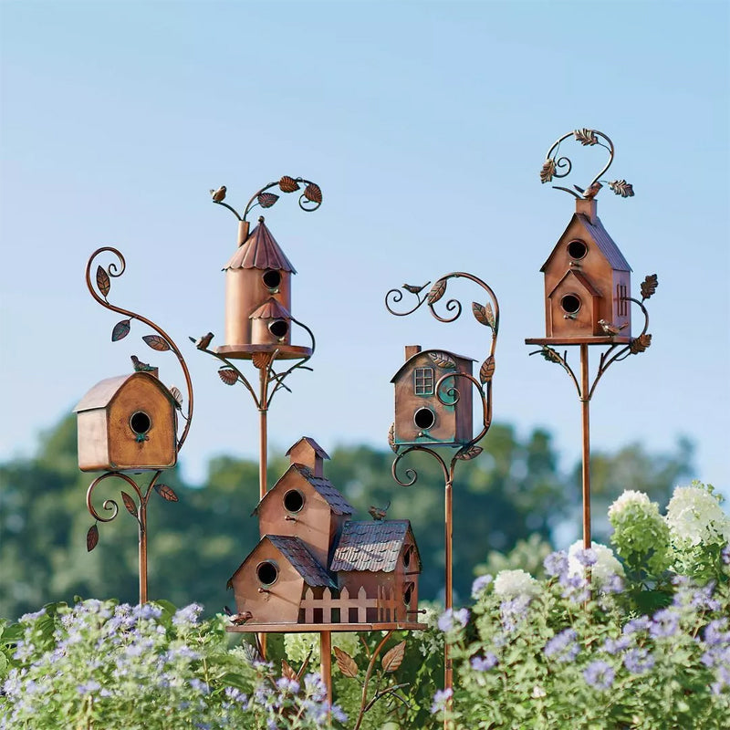 Metal Decorative Birdhouse Garden Stakes with Rustic Outdoor Design