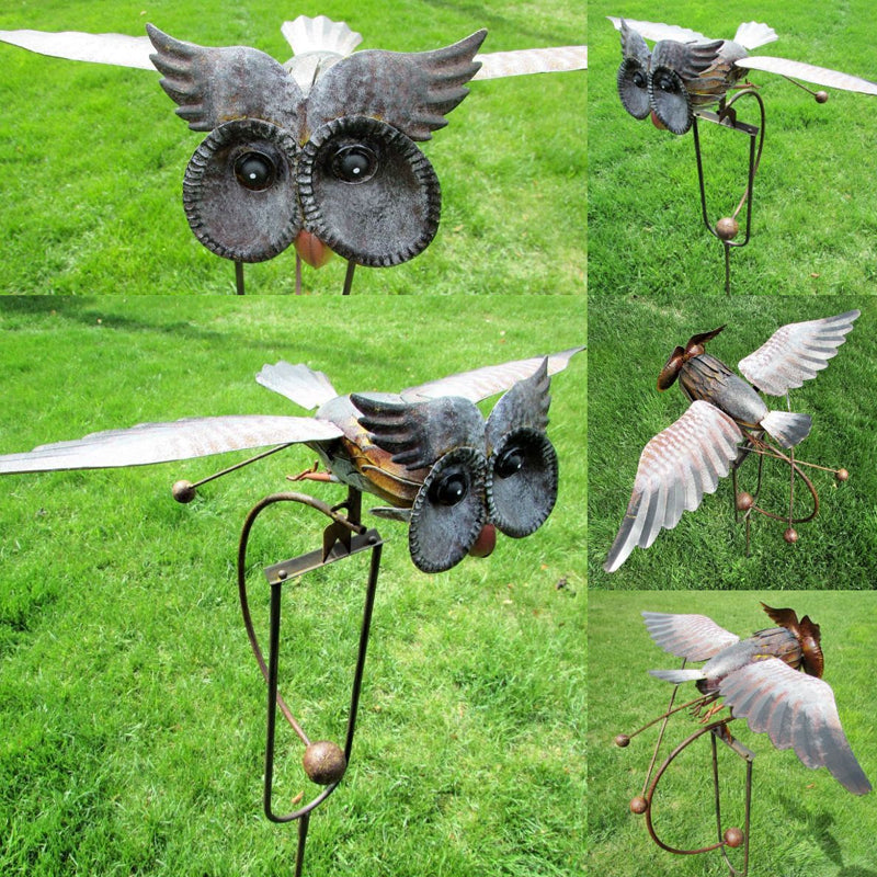 Metal Eagle and Owl Garden Decoration with Moving Wing Design