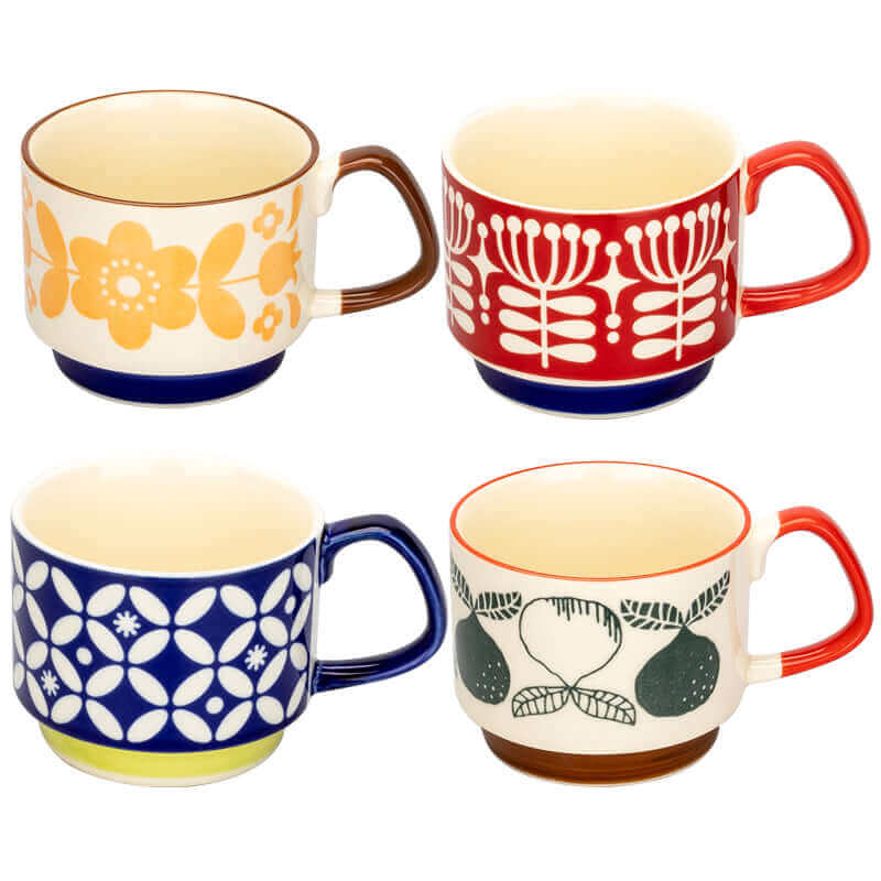 Mid-Century Ceramic Coffee Cups with Retro Patterns