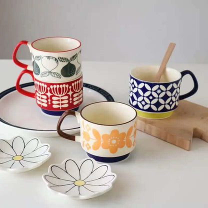 Mid-Century Ceramic Coffee Cups with Retro Patterns