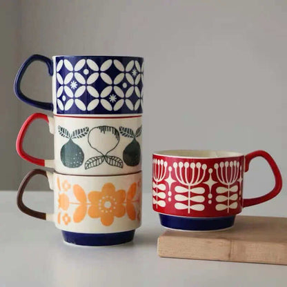 Mid-Century Ceramic Coffee Cups with Retro Patterns
