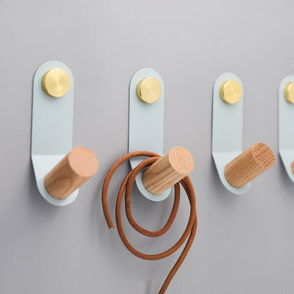 Minimalist Pastel Wall Hook with Oak Wood and Brass Accent