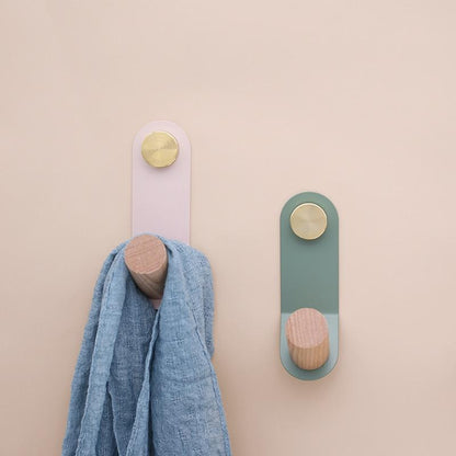 Minimalist Pastel Wall Hook with Oak Wood and Brass Accent