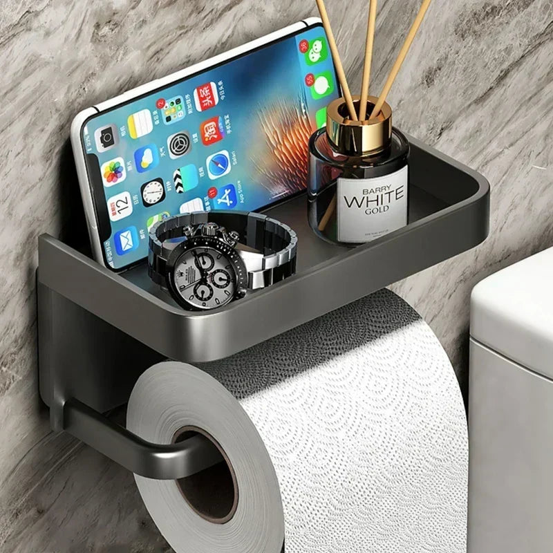 Modern Aluminium Toilet Roll Holder with Integrated Storage Shelf