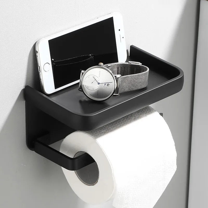 Modern Aluminium Toilet Roll Holder with Integrated Storage Shelf