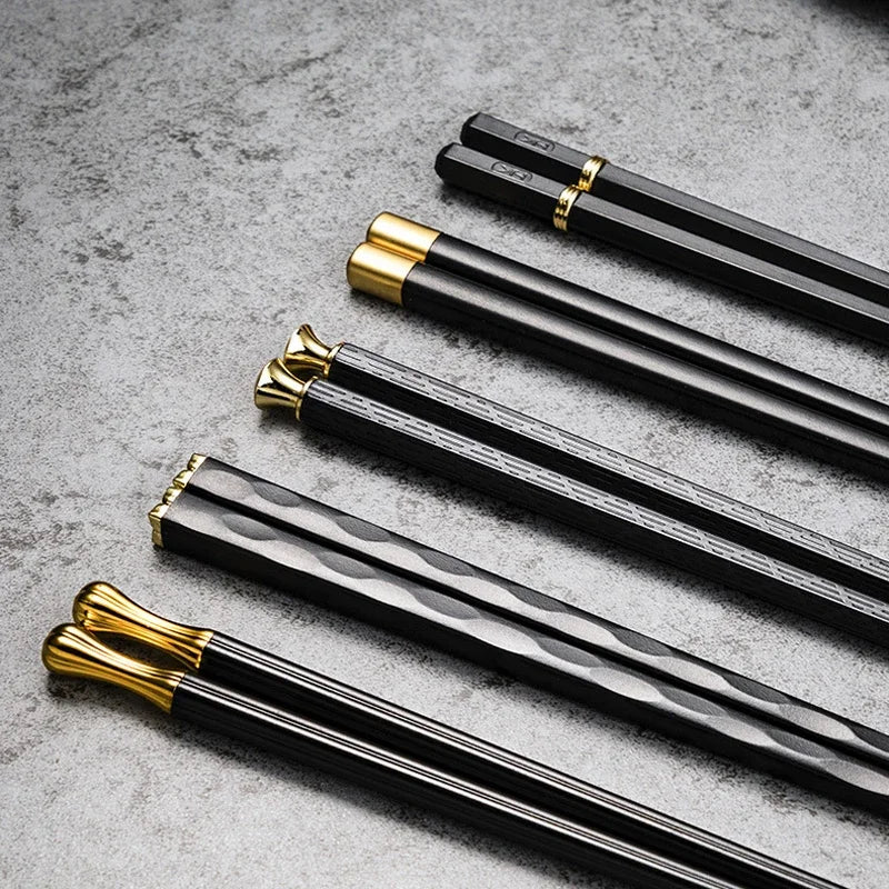 Modern Black and Gold Metal Chopsticks Set of 5 Pairs