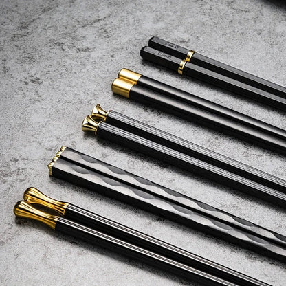 Modern Black and Gold Metal Chopsticks Set of 5 Pairs