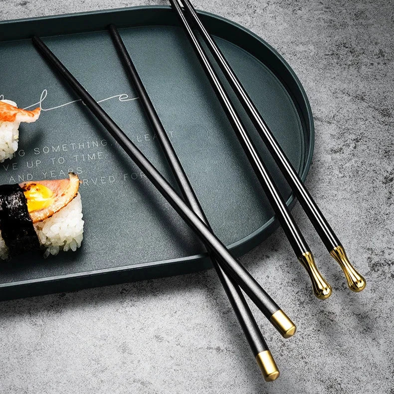 Modern Black and Gold Metal Chopsticks Set of 5 Pairs
