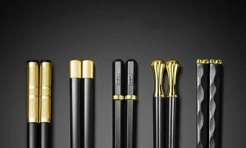 Modern Black and Gold Metal Chopsticks Set of 5 Pairs