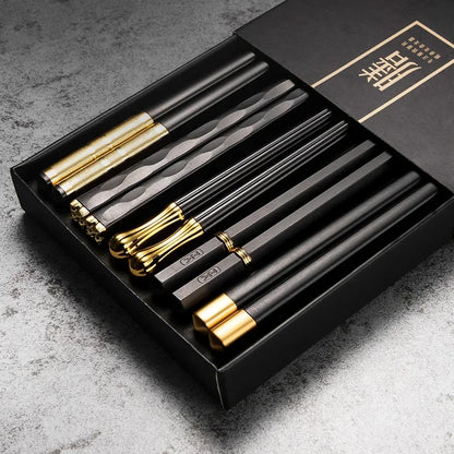 Modern Black and Gold Metal Chopsticks Set of 5 Pairs