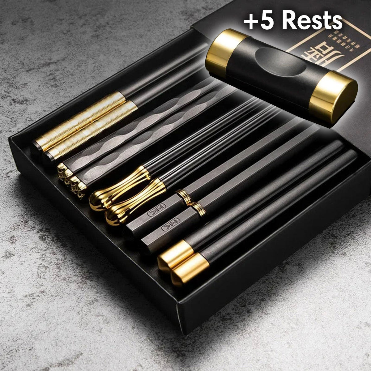 Modern Black and Gold Metal Chopsticks Set of 5 Pairs