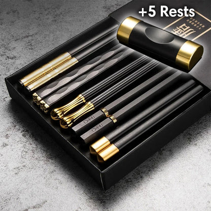 Modern Black and Gold Metal Chopsticks Set of 5 Pairs