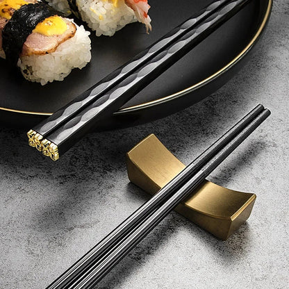 Modern Black and Gold Metal Chopsticks Set of 5 Pairs