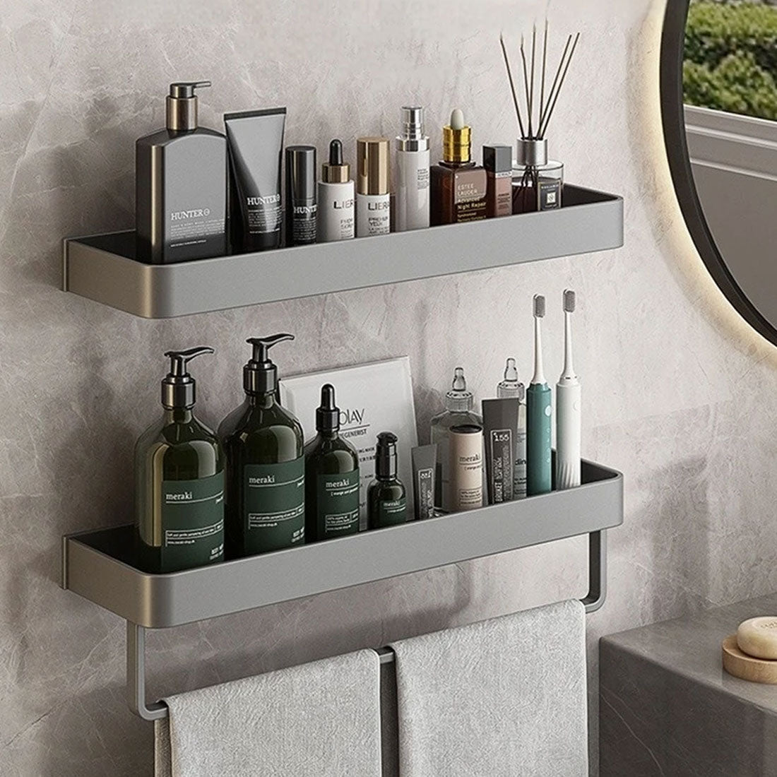Modern Floating Bathroom Shelves with Adhesive Mounting and Towel Holder