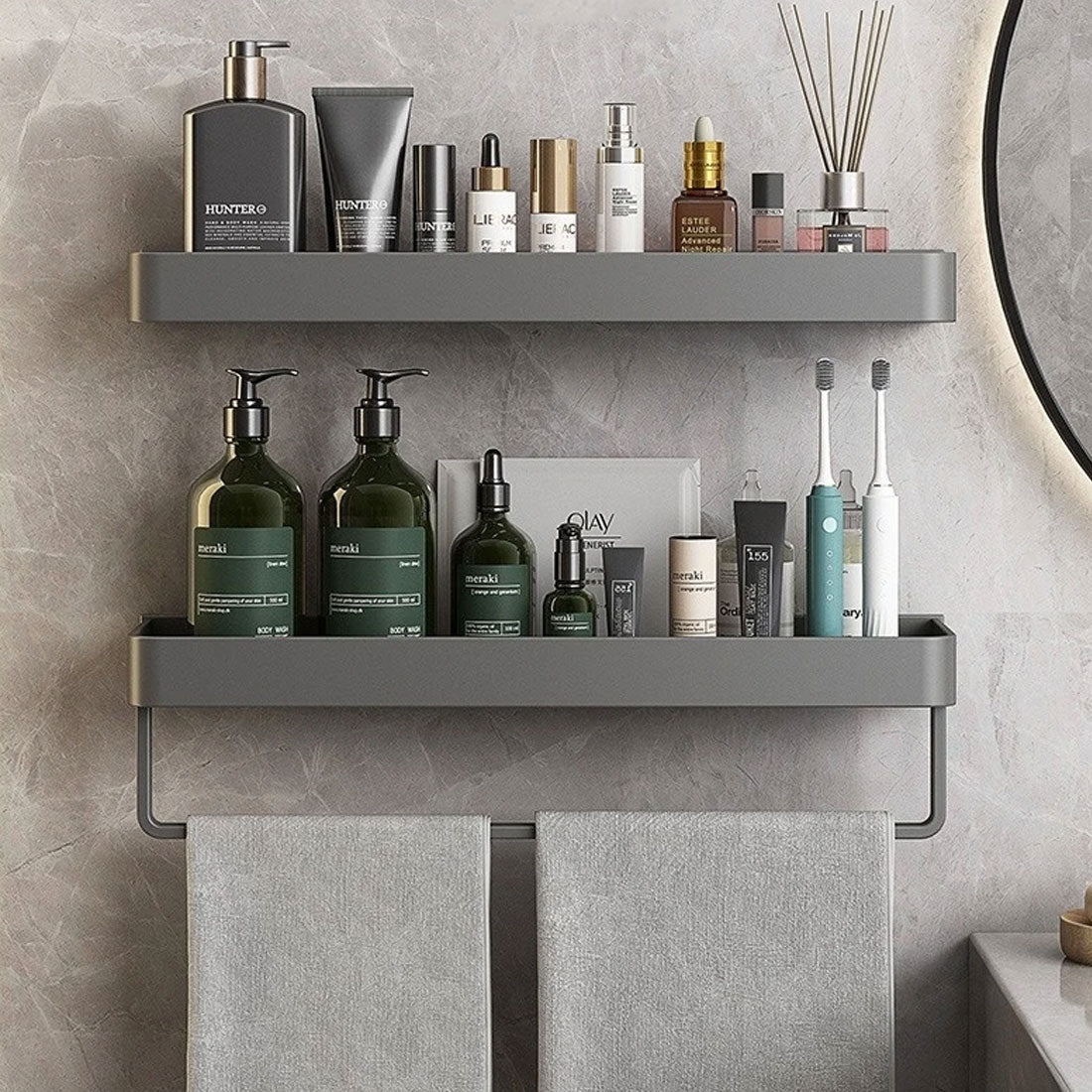 Modern Floating Bathroom Shelves with Adhesive Mounting and Towel Holder
