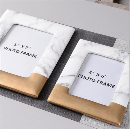 Modern Picture Frame with Marble Look and Gold Lower Trim for Tabletop Display