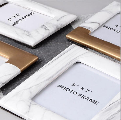 Modern Picture Frame with Marble Look and Gold Lower Trim for Tabletop Display
