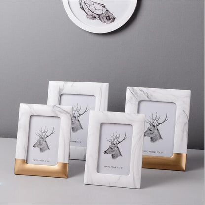 Modern Picture Frame with Marble Look and Gold Lower Trim for Tabletop Display